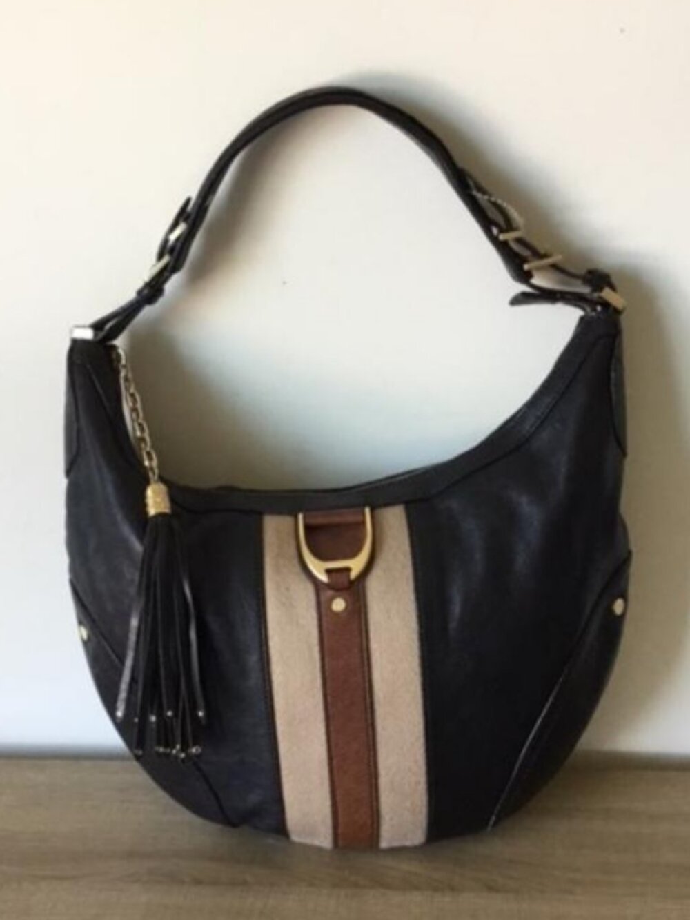 Cole Haan Hobo Shoulder Bag Black Pebbled Leather Tan Stripe Boho Chic